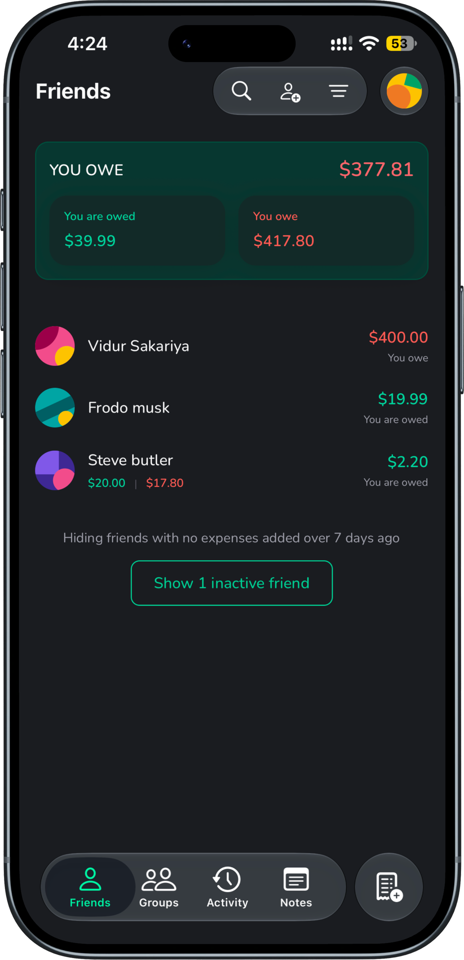 SplitSense app home screen showing group balances and expenses