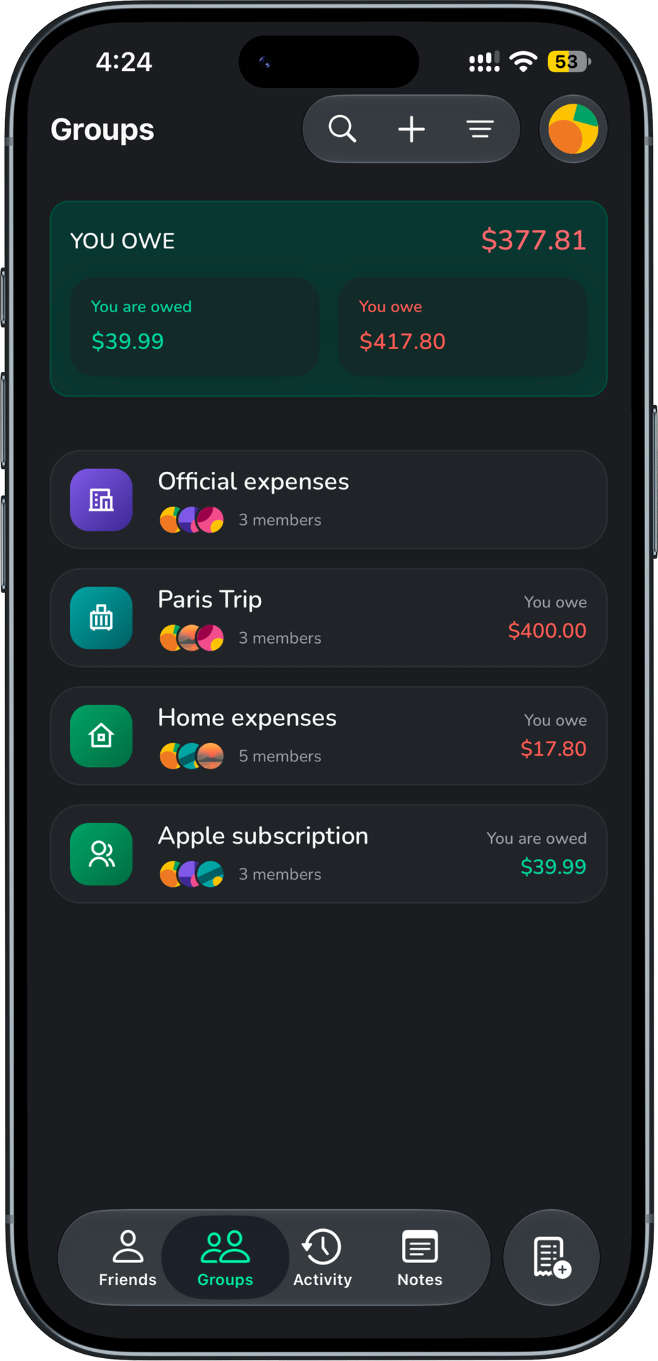 Track Group Expenses screen